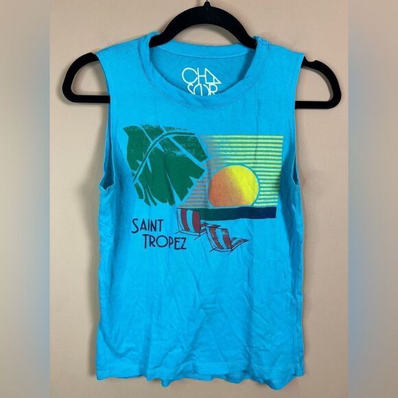 Chaser Women’s Size XS Blue Saint Tropez Beach‎ Scene Tank Top NWOT - Picture 1 of 5